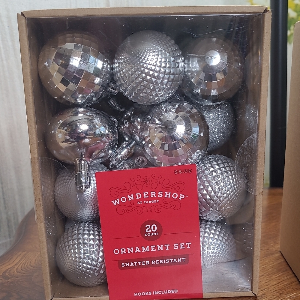 New! Wondershop Shimmering Shatter Resistant Silver Ornament Box Set of 20